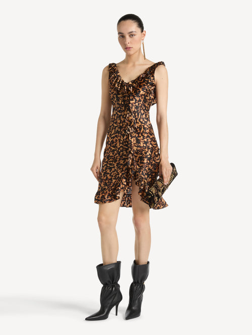 Ruffled dress in printed silk satin