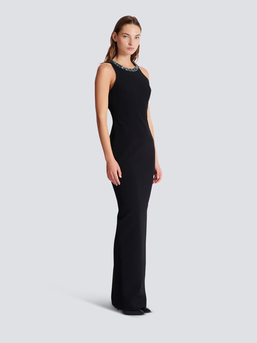 Long sleeveless dress in embroidered velvet