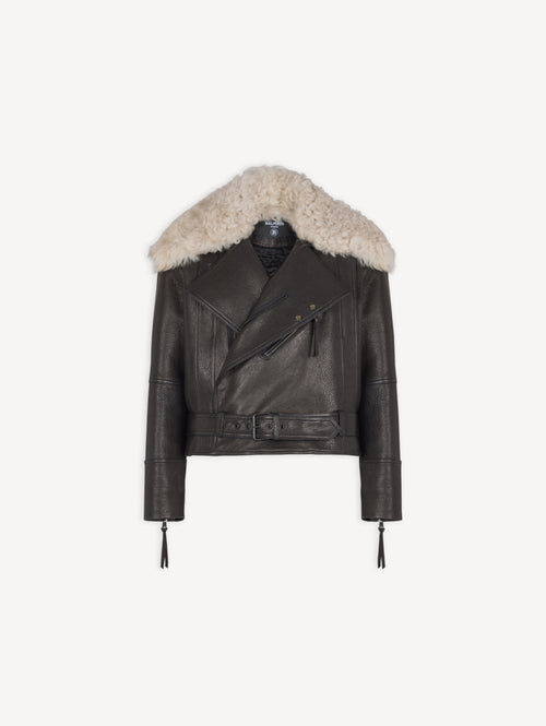 Leather jacket with shearling collar