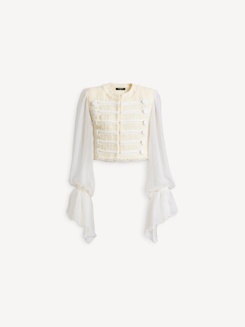 Cropped tweed and muslin jacket with frogging