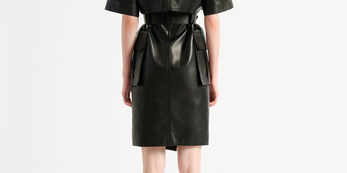 Belted lambskin leather dress black - Women