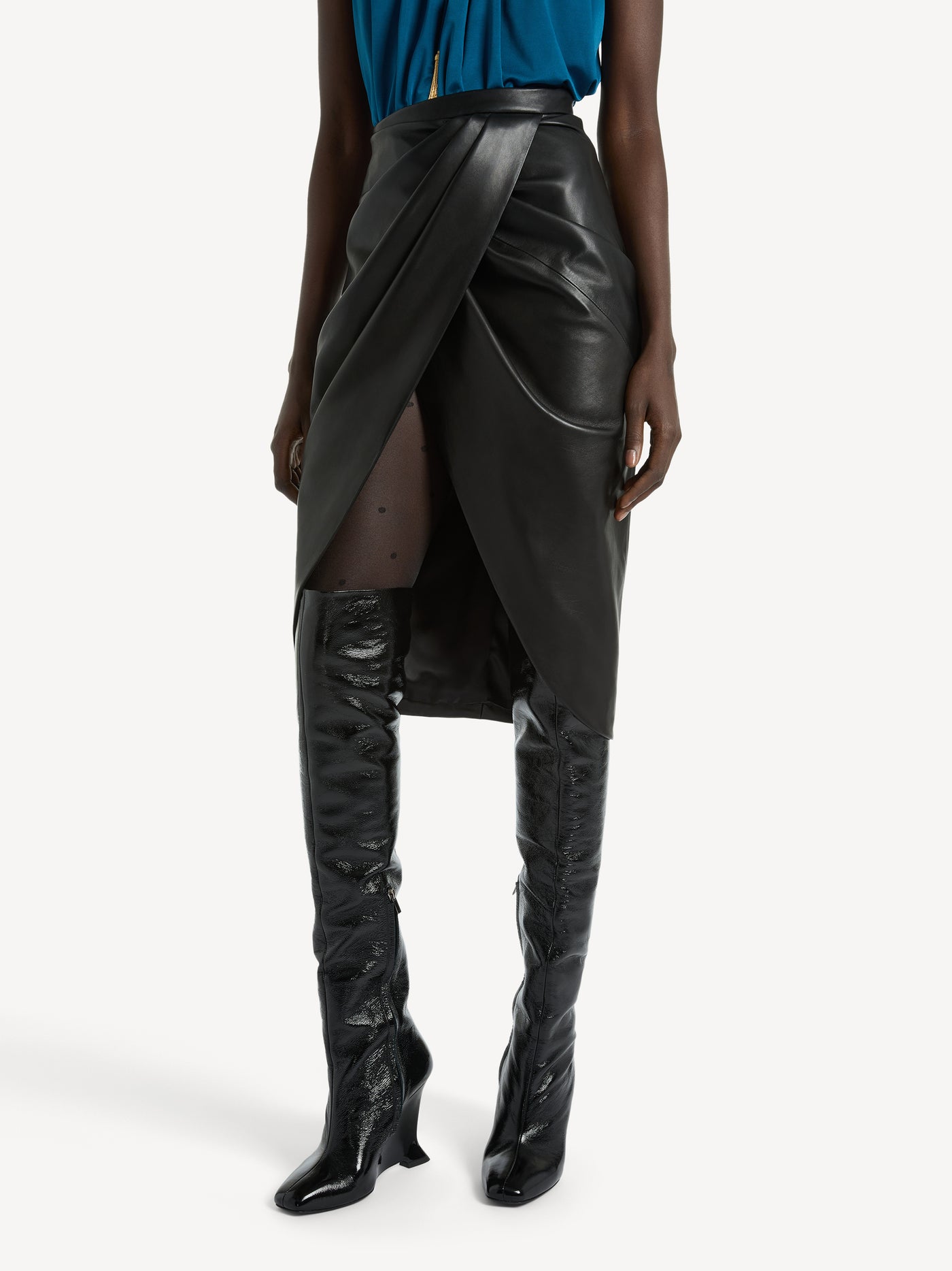 Thigh-high wedge boots in crinkled patent leather