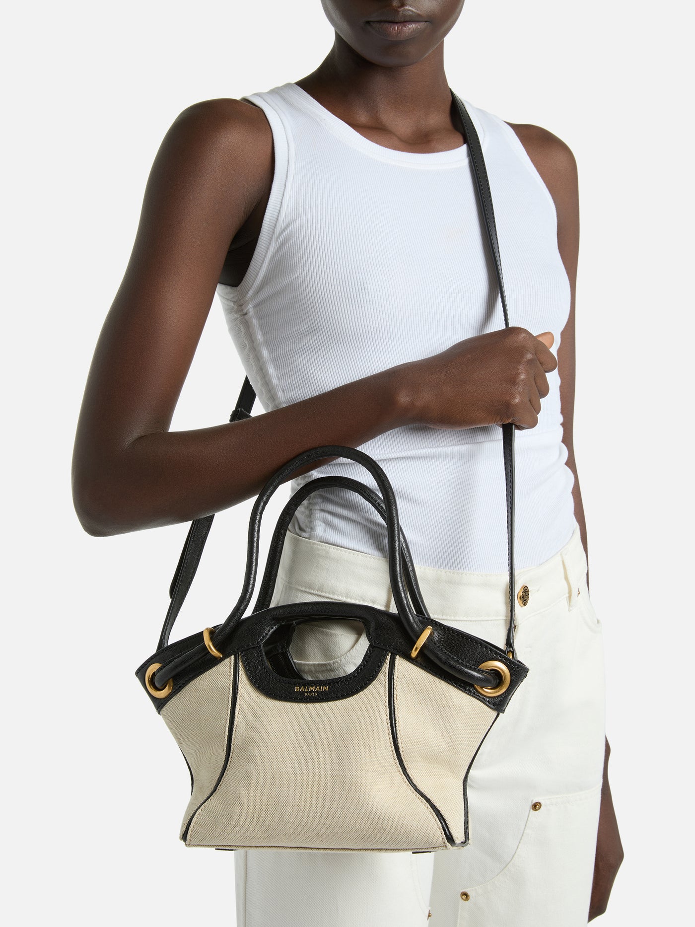 Kleiner Shopper aus Canvas und glattem Leder