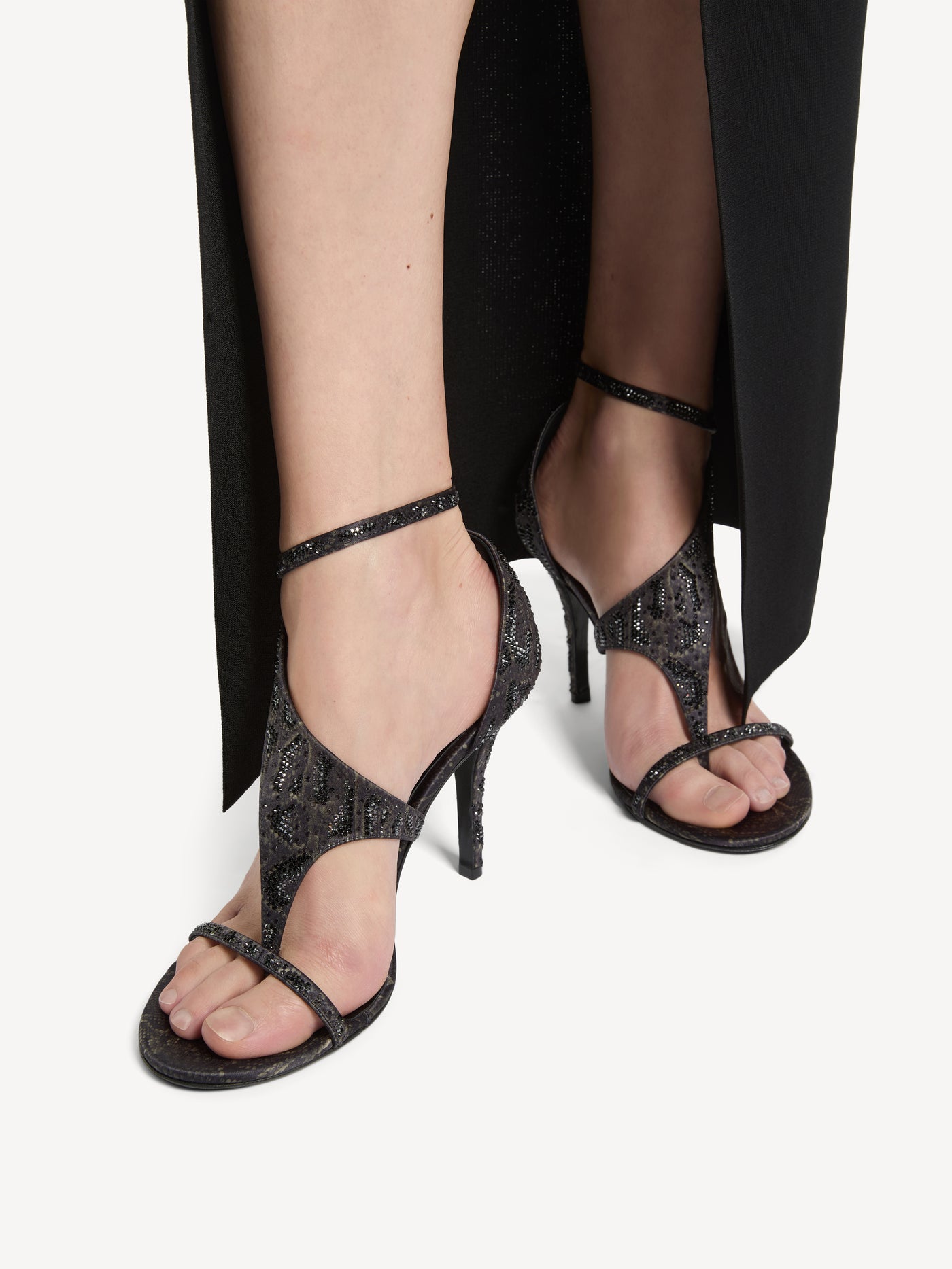 Printed satin toe-post sandals with crystals