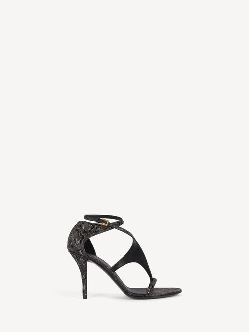 Printed satin toe-post sandals with crystals