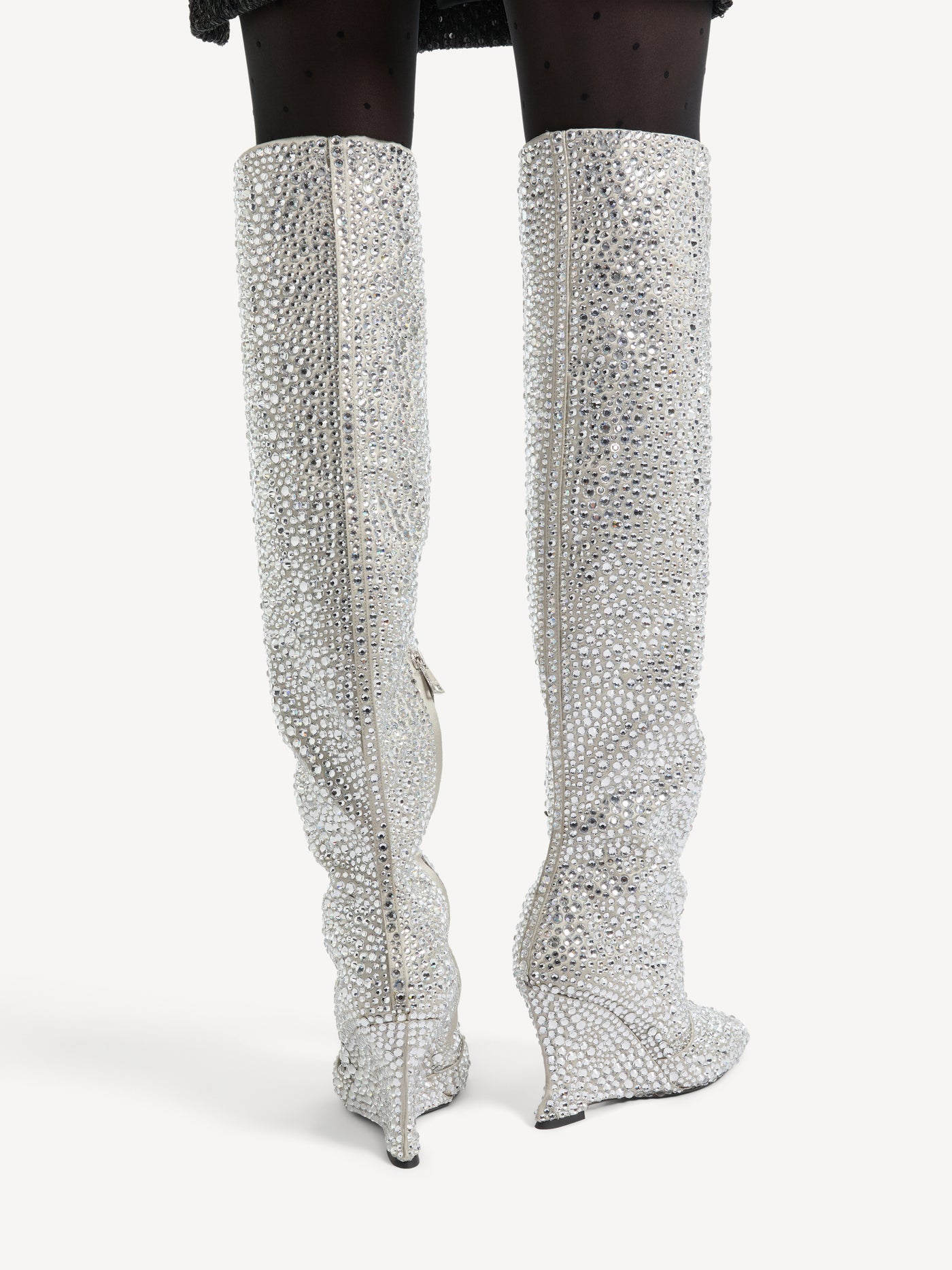 Wedge thigh-high satin boots with crystals