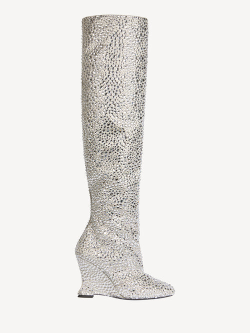 Overknee-Stiefel mit Keilabsatz aus Satin mit Kristallen