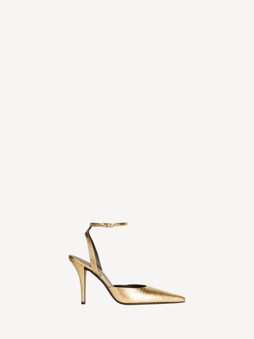 Zapatos de tacón con tiras de piel repujada metalizada