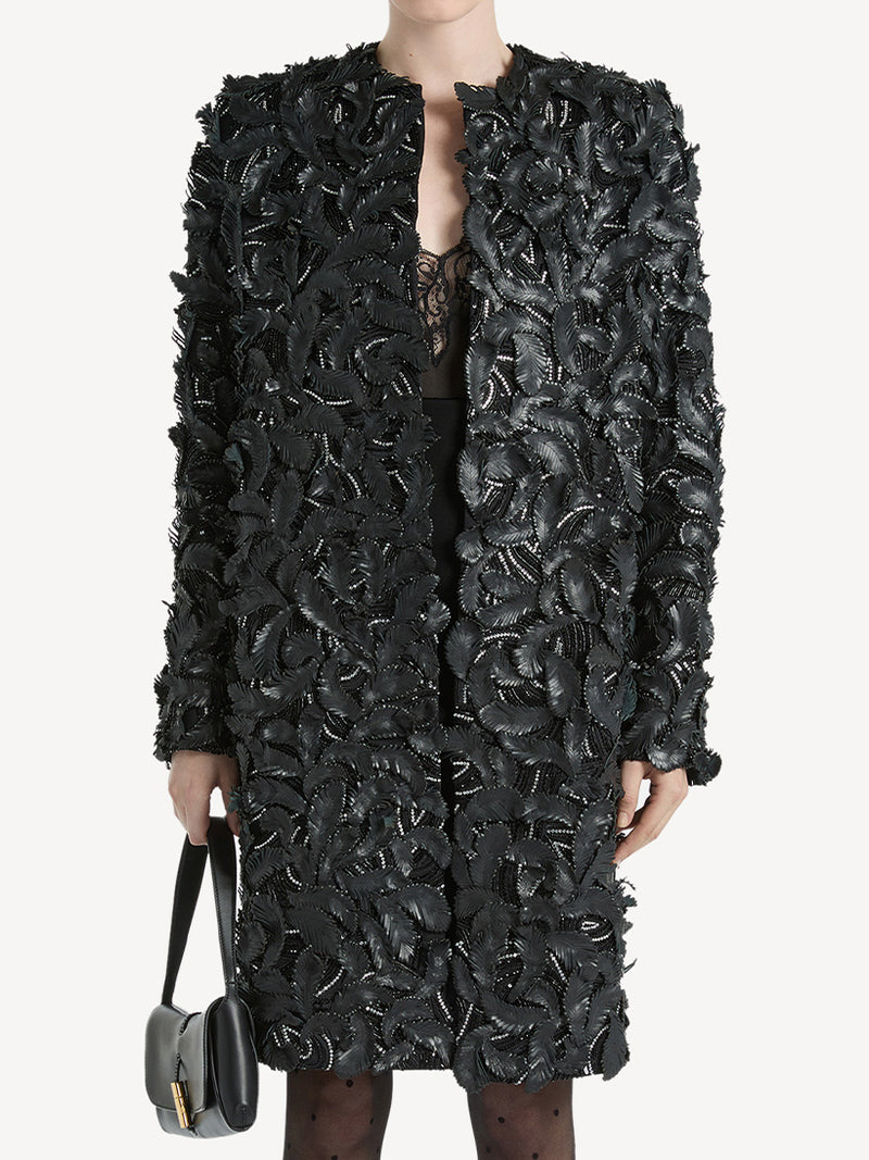 FEATHER EMBROIDERED STRAIGHT COAT