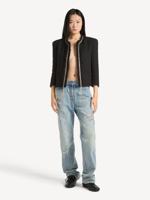 Straight-leg embroidered denim jeans