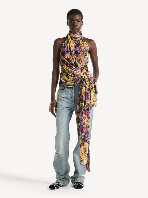 Blusa drapeada de jacquard de terciopelo