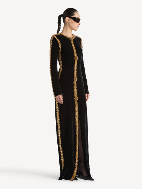Long velvet dress with embroidered trim