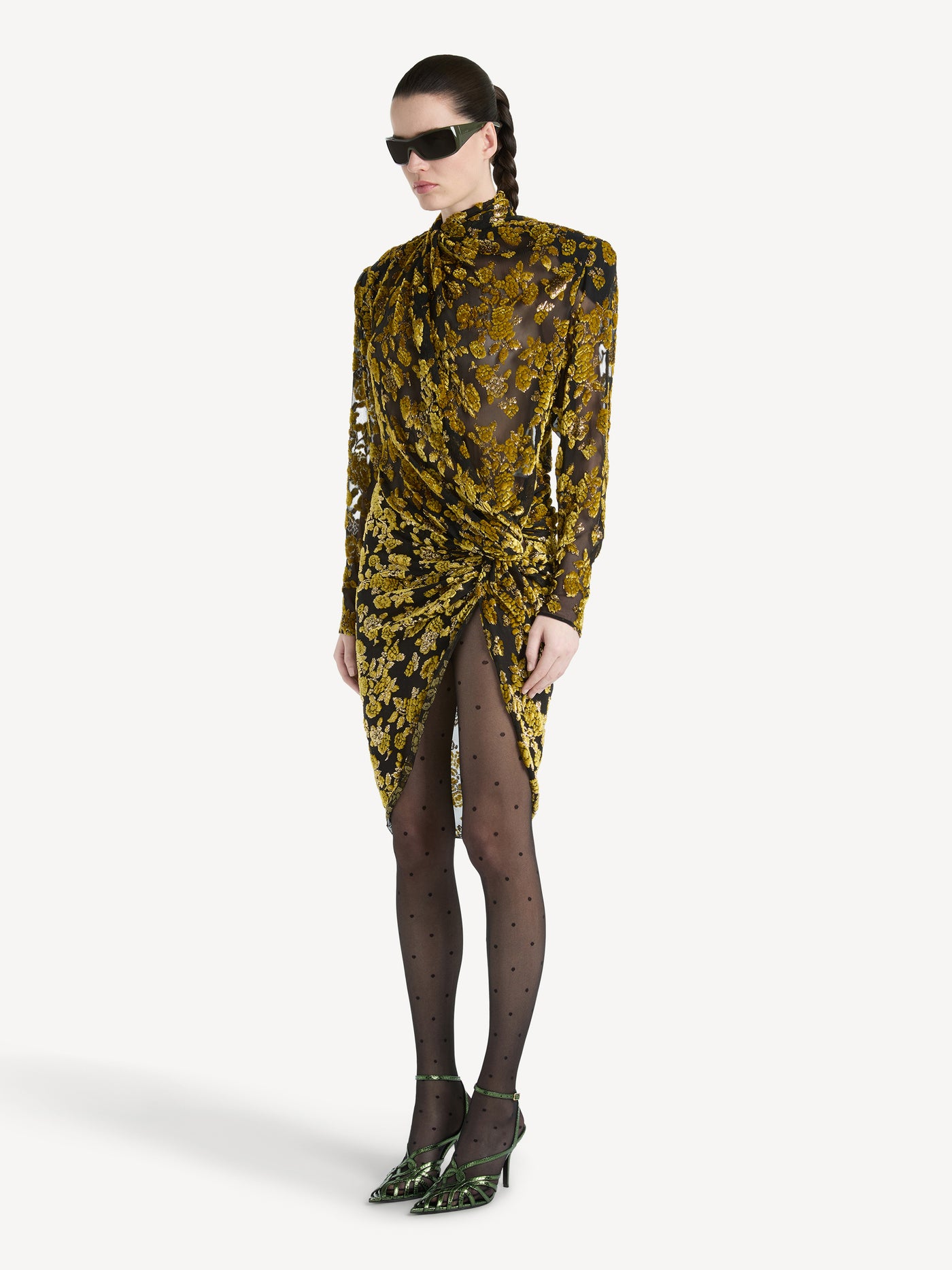 Drapiertes Kleid aus Samt-Jacquard