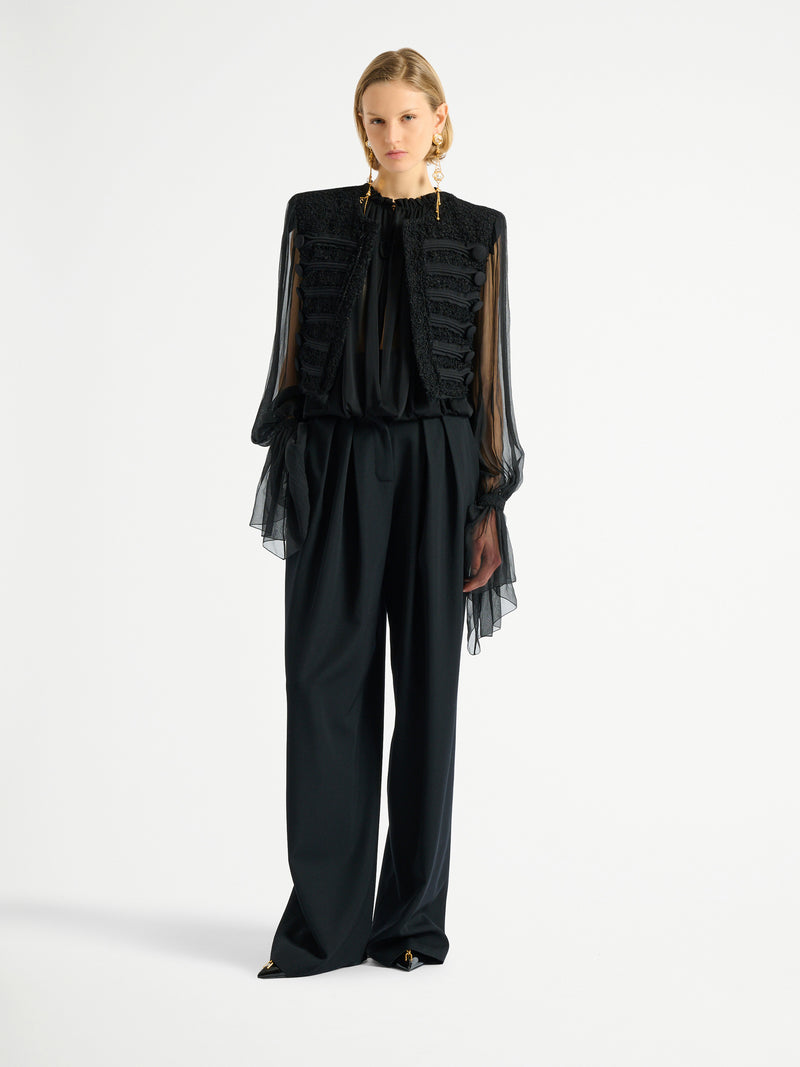 Edge-to-edge tweed and chiffon jacket