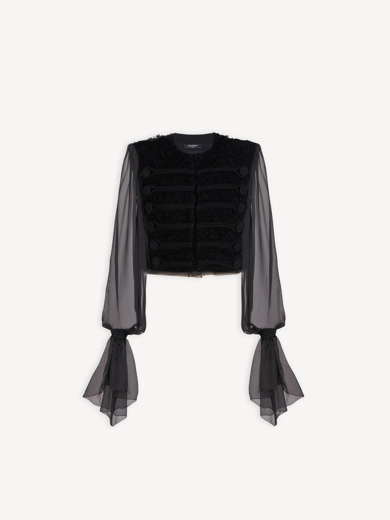 Edge-to-edge tweed and chiffon jacket
