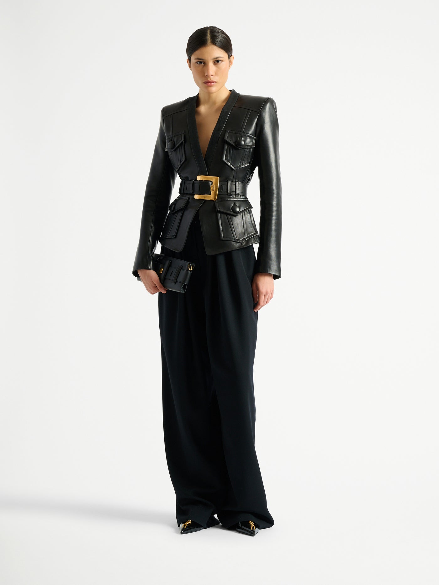Veste 1 bouton ceinturée en cuir