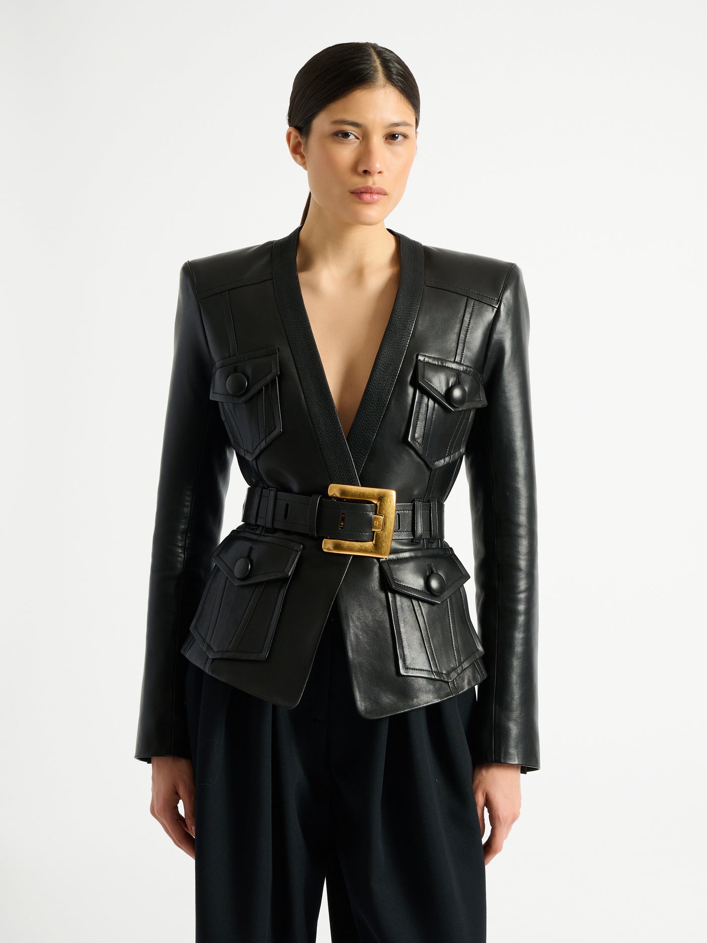 1-button belted leather jacket