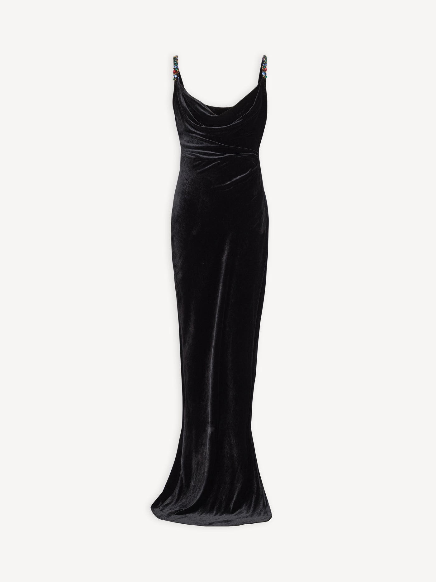 Long velvet dress with embellished straps