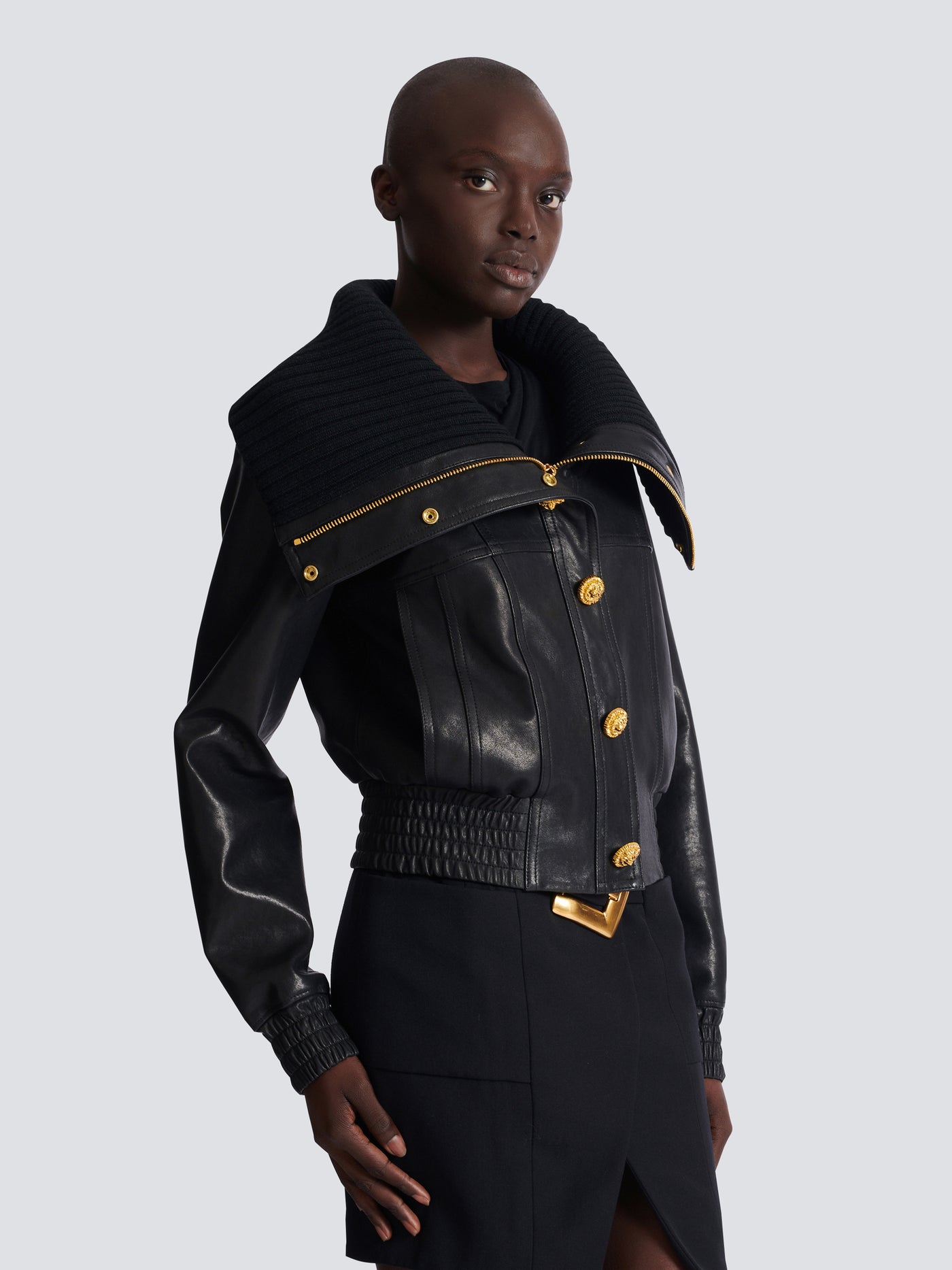 Lambskin and knit bomber jacket