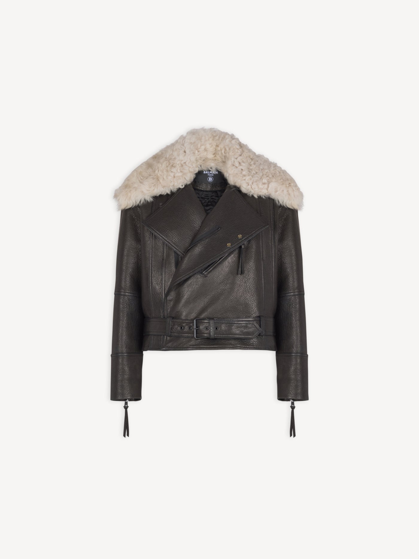 Leather jacket with shearling collar