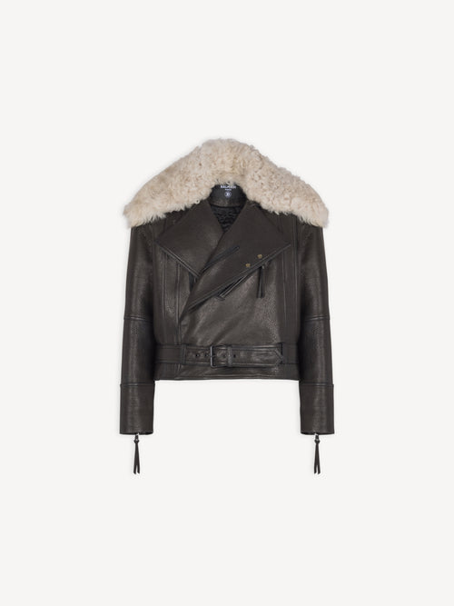 Leather jacket with shearling collar
