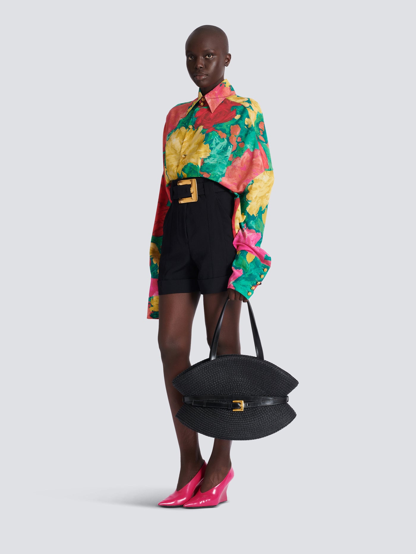 Sac Shuffle Medium en raphia et cuir de veau