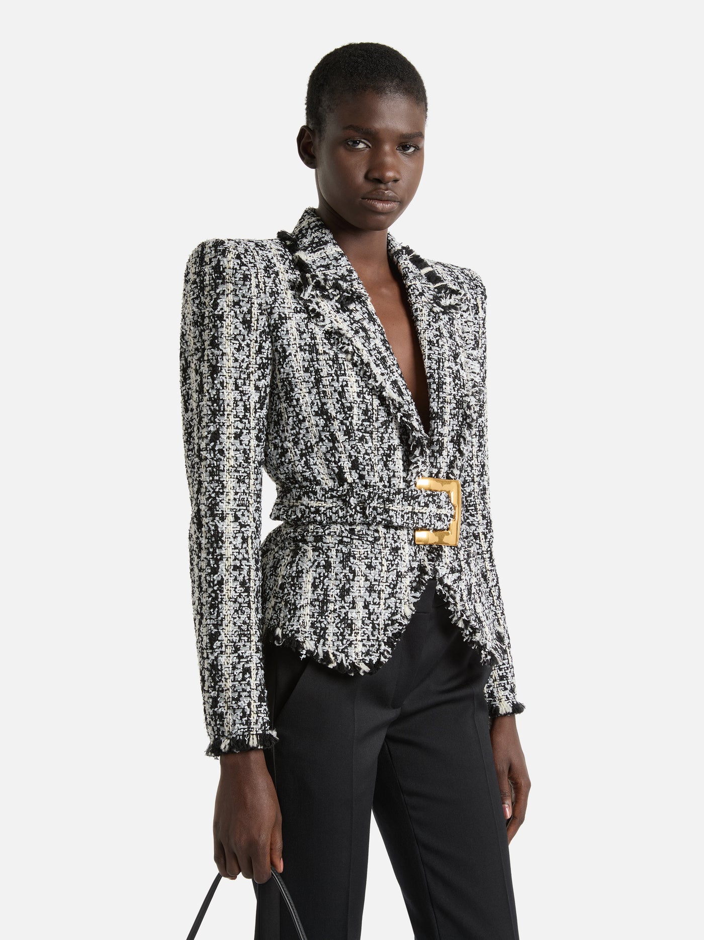 Zweifarbige Tweedjacke mit Gürtel