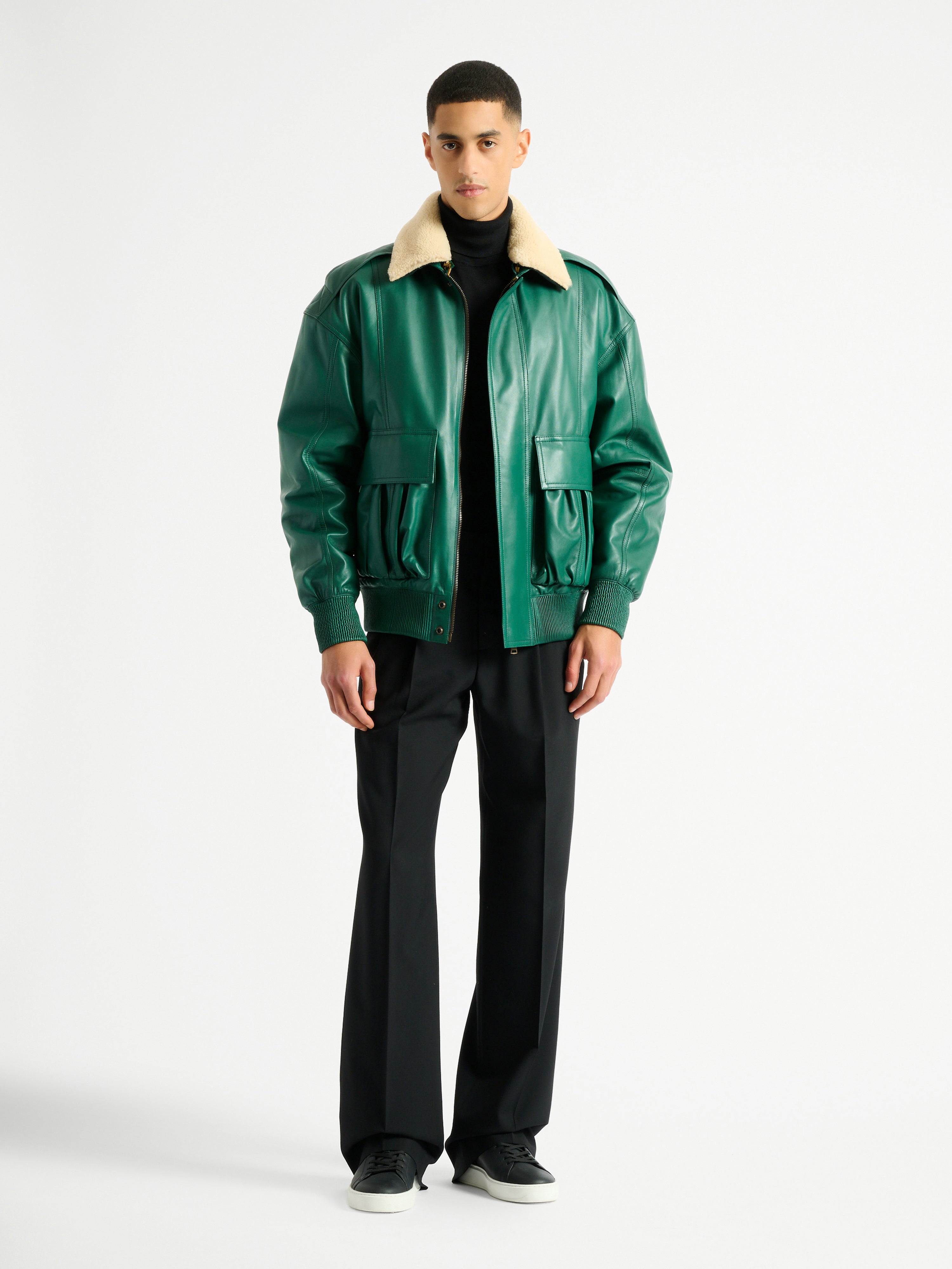 ジャケット・アウター BALMAIN HOMME Leather Teddy Jacket Shearling leather bomber jacket green - Men | BALMAIN