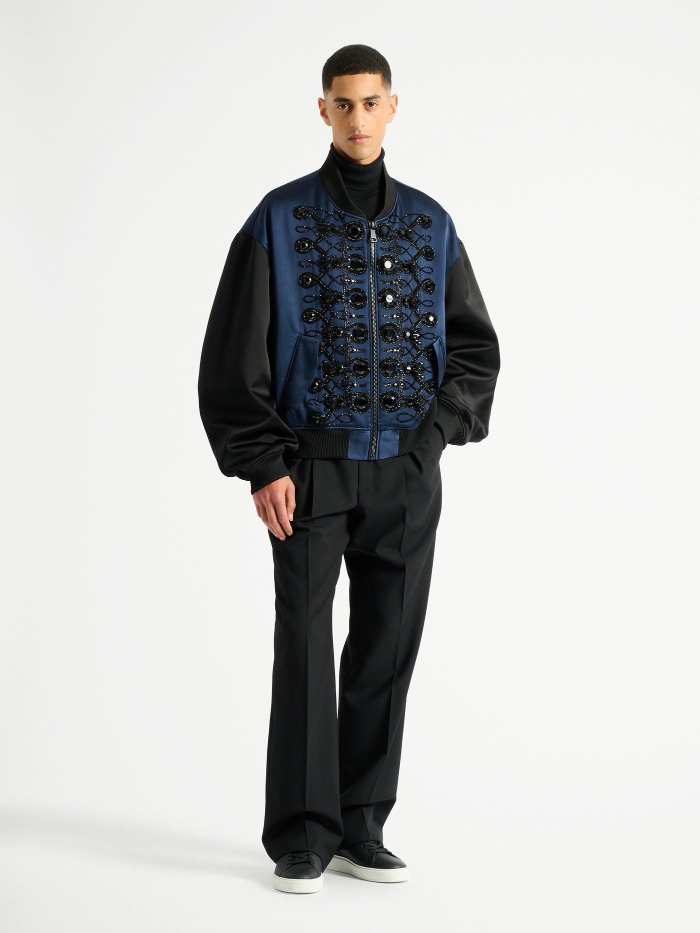Satin bomber jacket with frogging