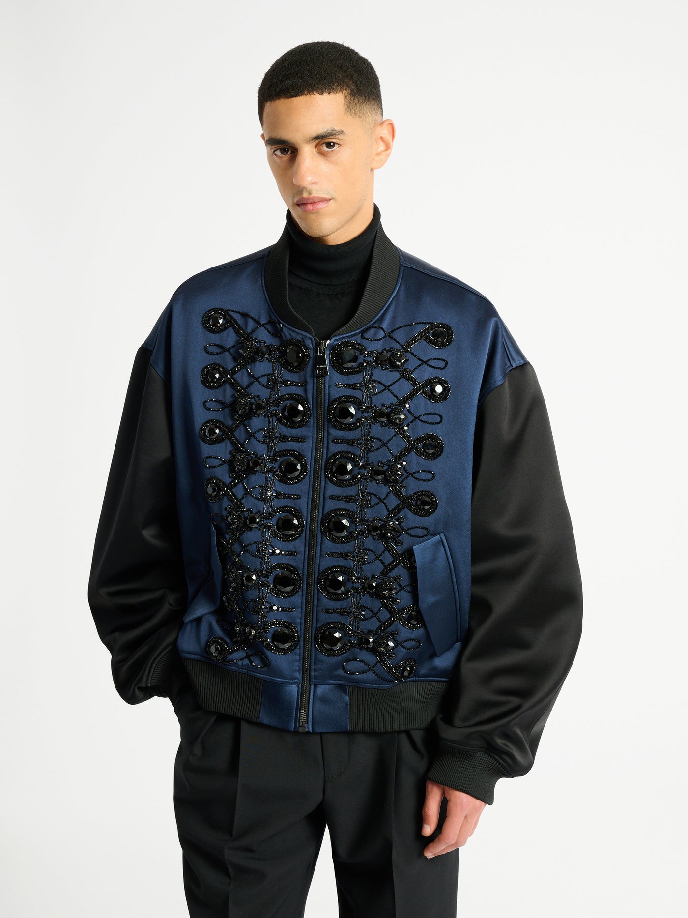 Satin bomber jacket with frogging