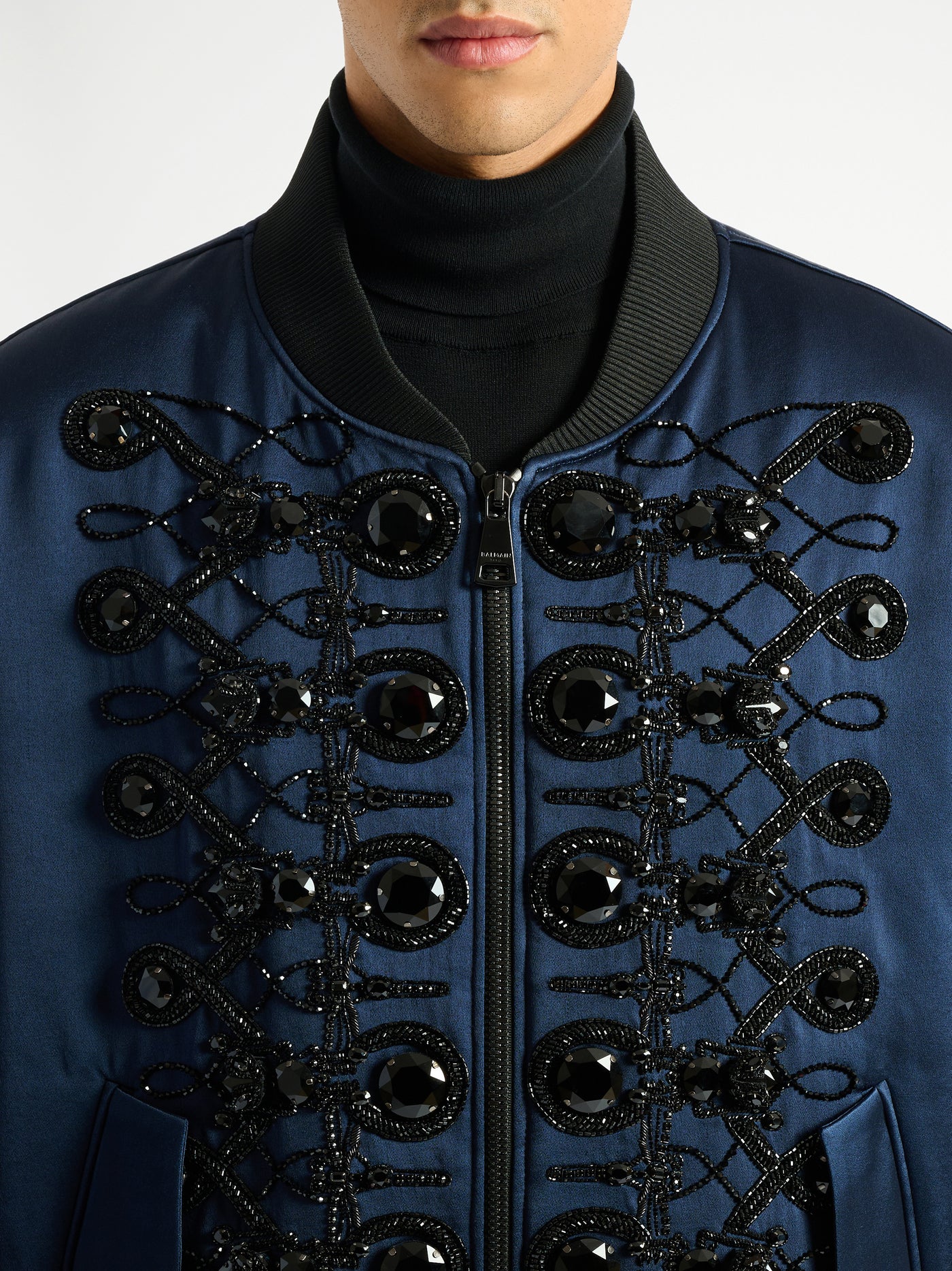 Satin bomber jacket with frogging