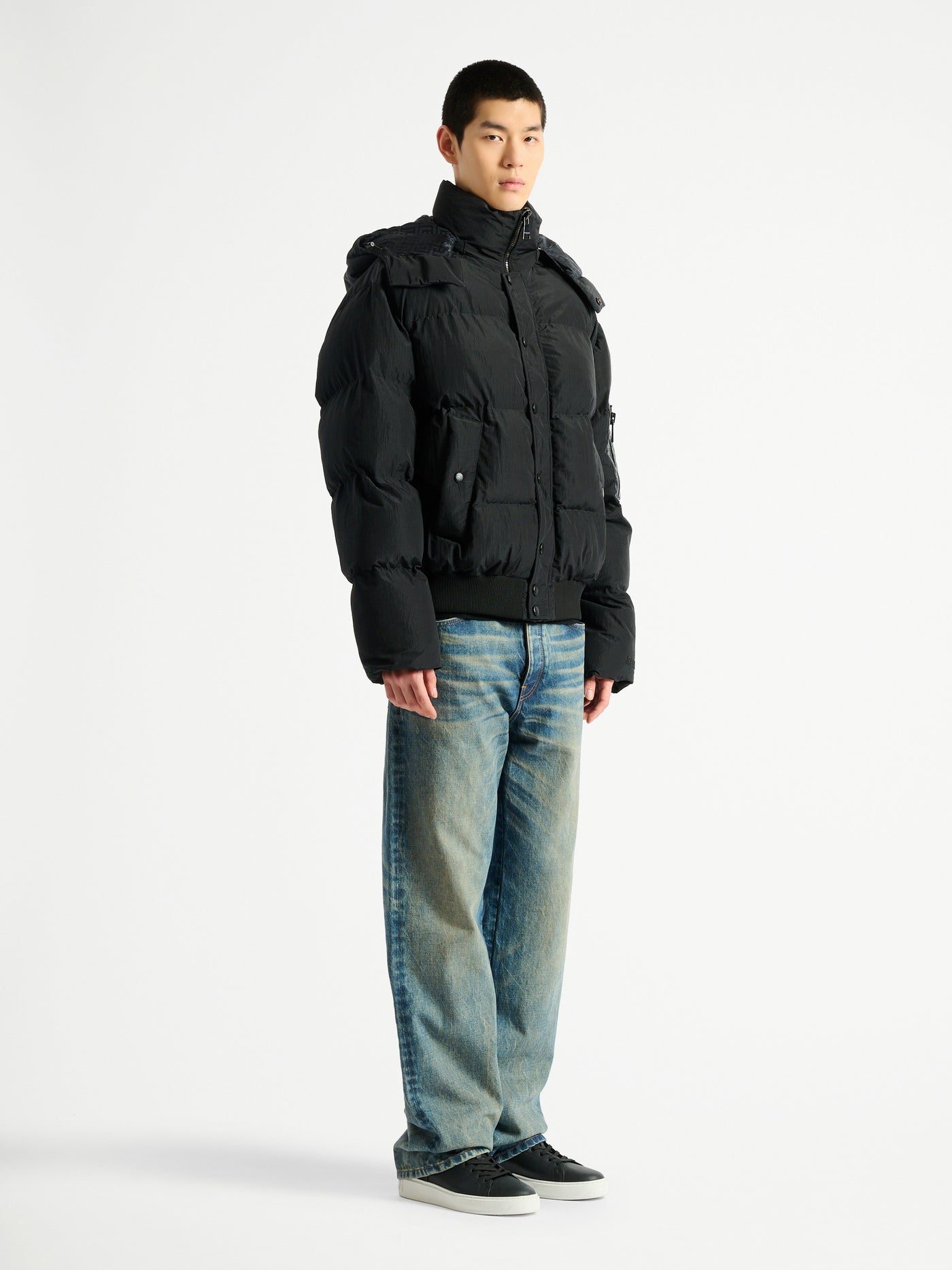 Padded nylon and leather jacket