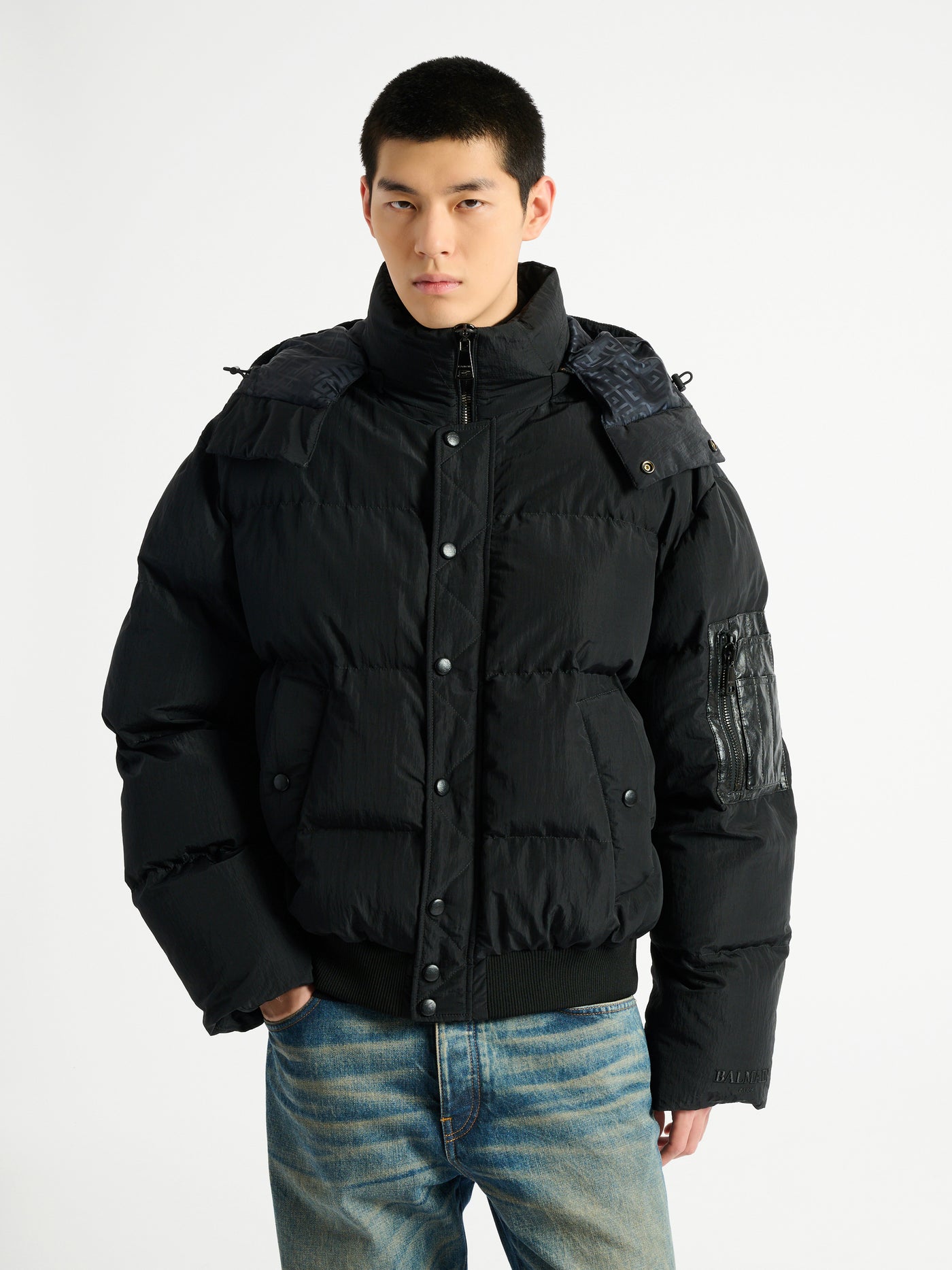 Padded nylon and leather jacket