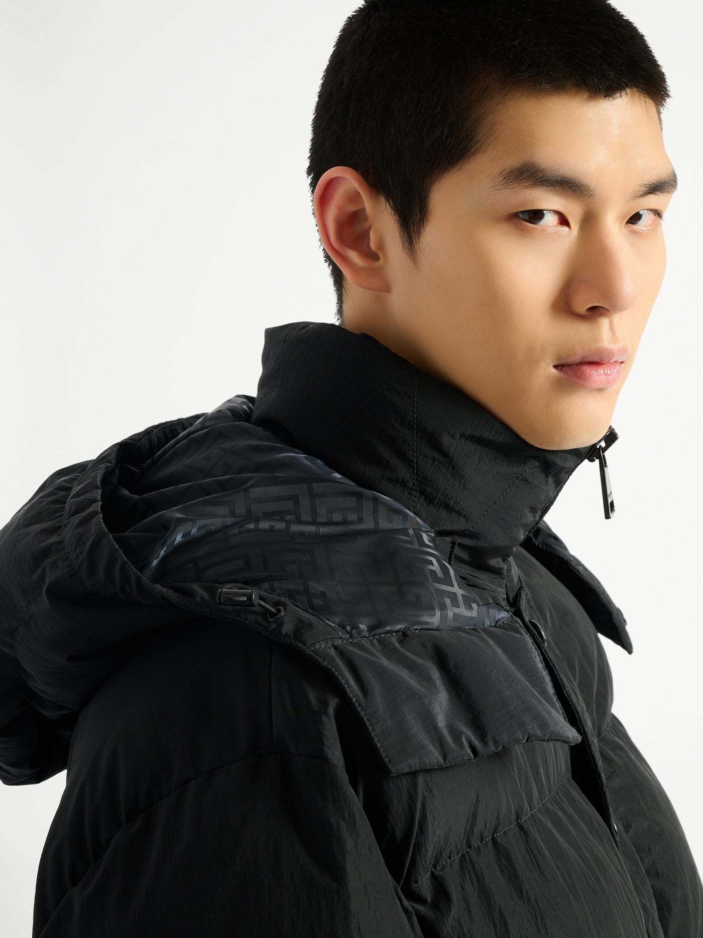 Padded nylon and leather jacket