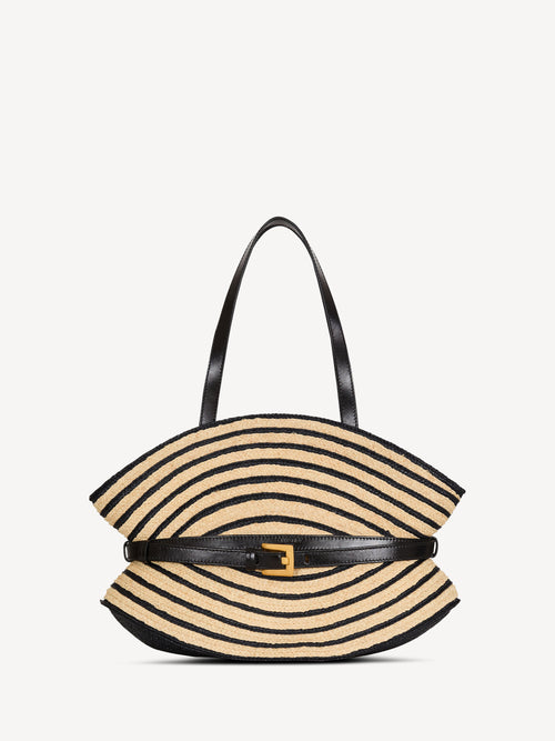 Borsa Shuffle media in rafia bicolore e pelle liscia