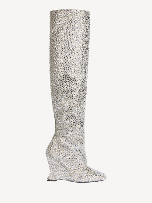 Wedge thigh-high satin boots with crystals