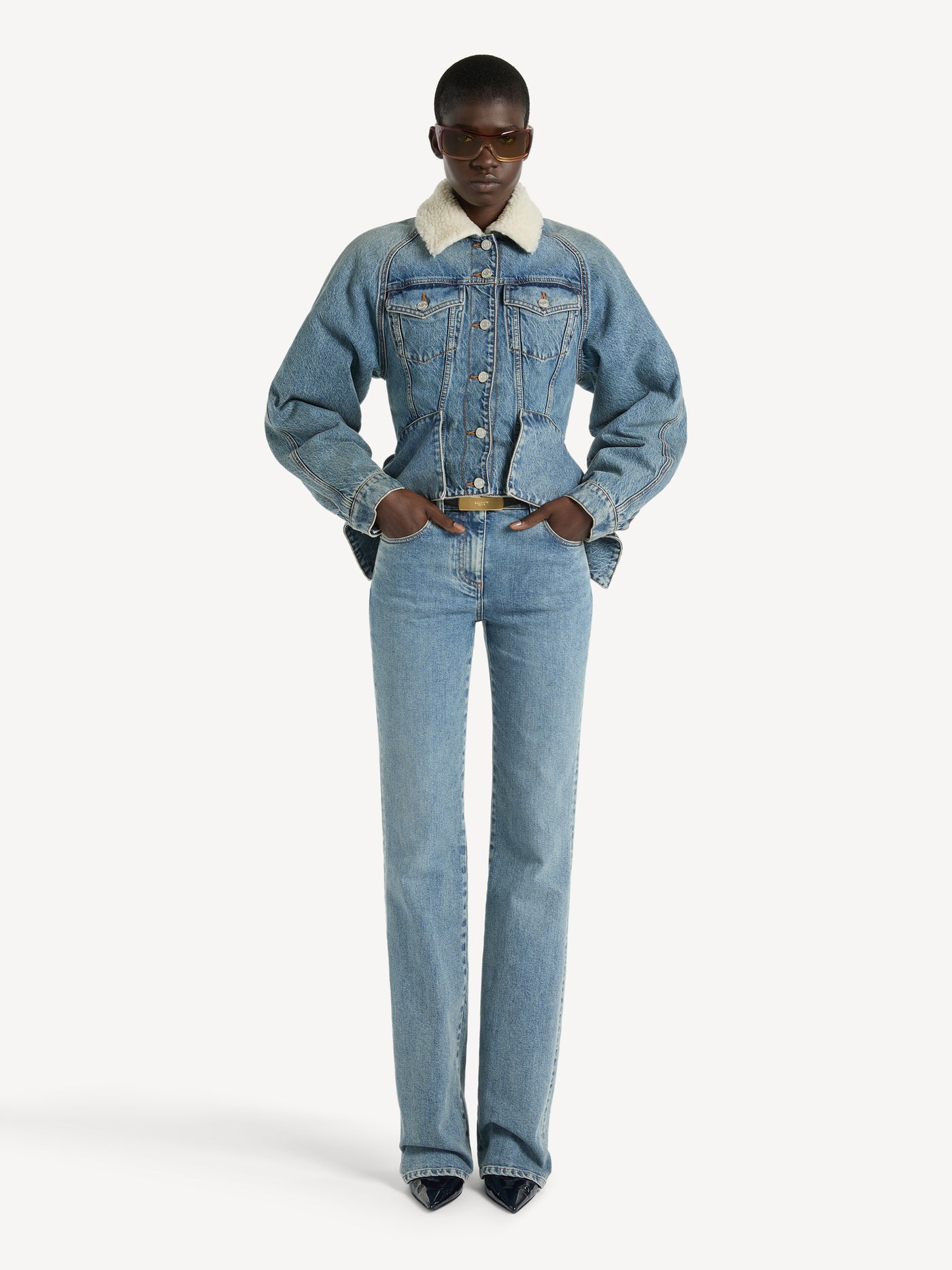 Denim signature jacket with shearling collar