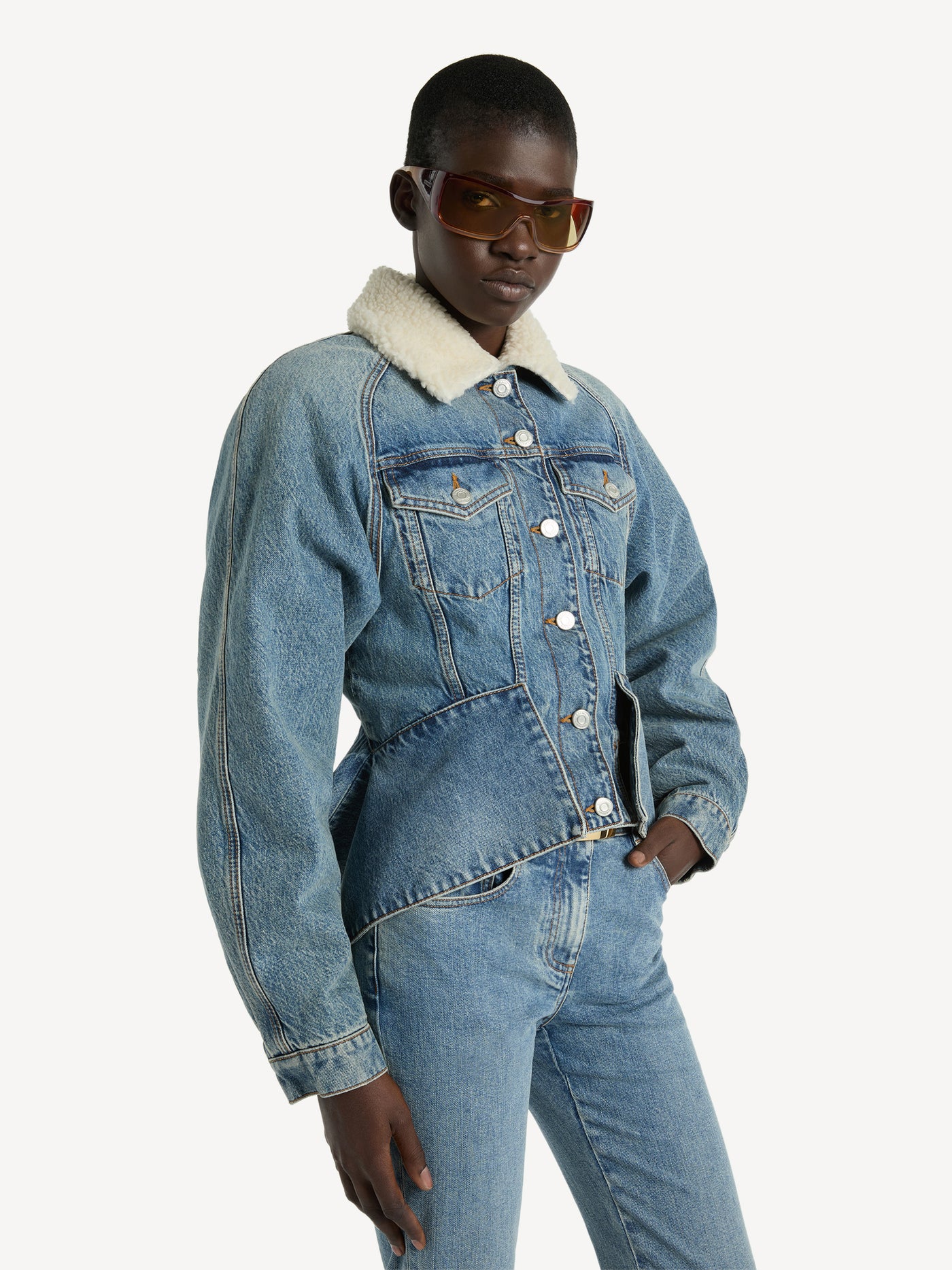Denim signature jacket with shearling collar