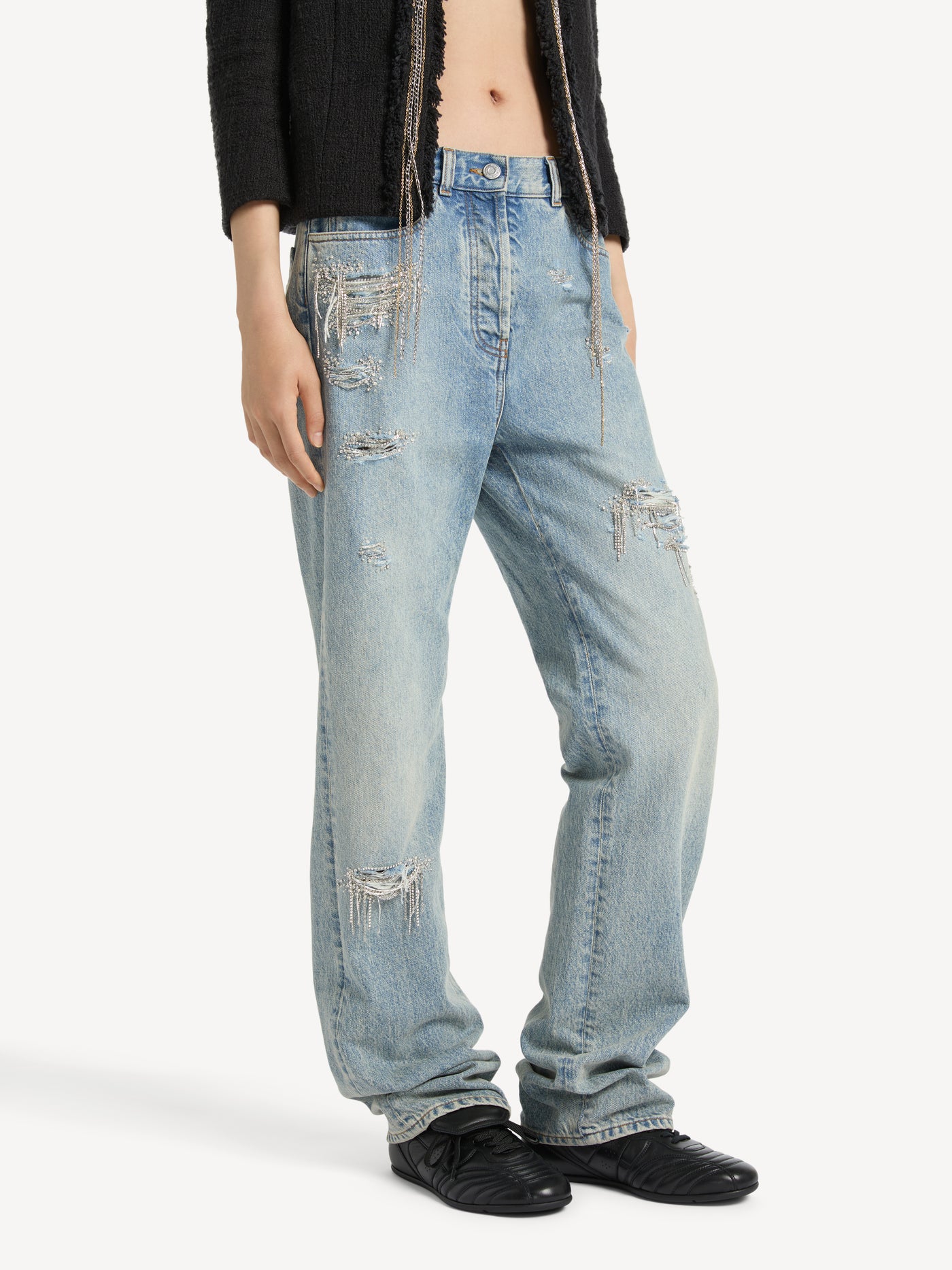 Straight-leg embroidered denim jeans