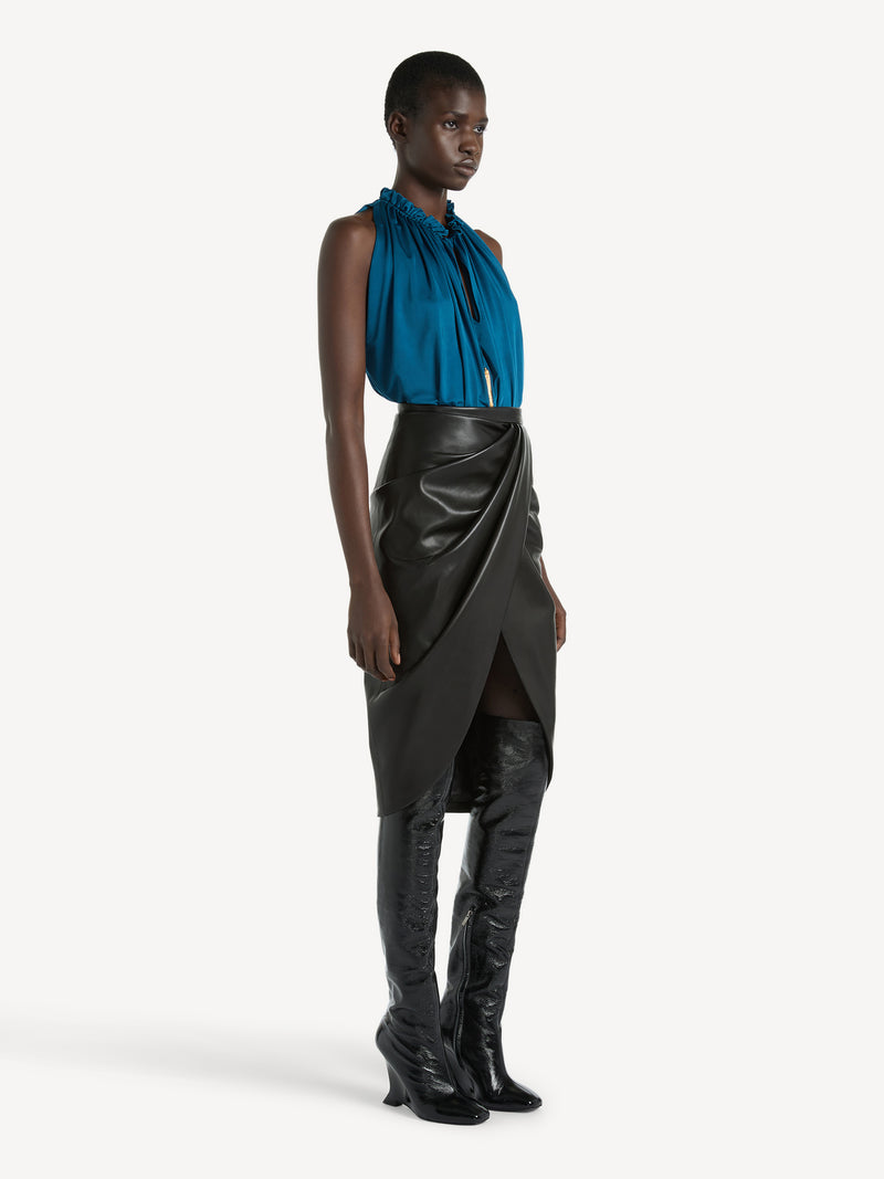 Draped lambskin midi skirt