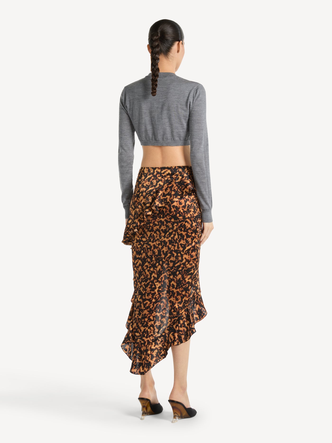 Ruffled skirt in printed silk satin