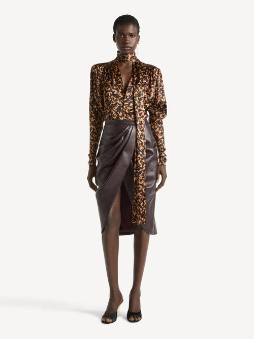 Draped midi skirt in smooth lambskin