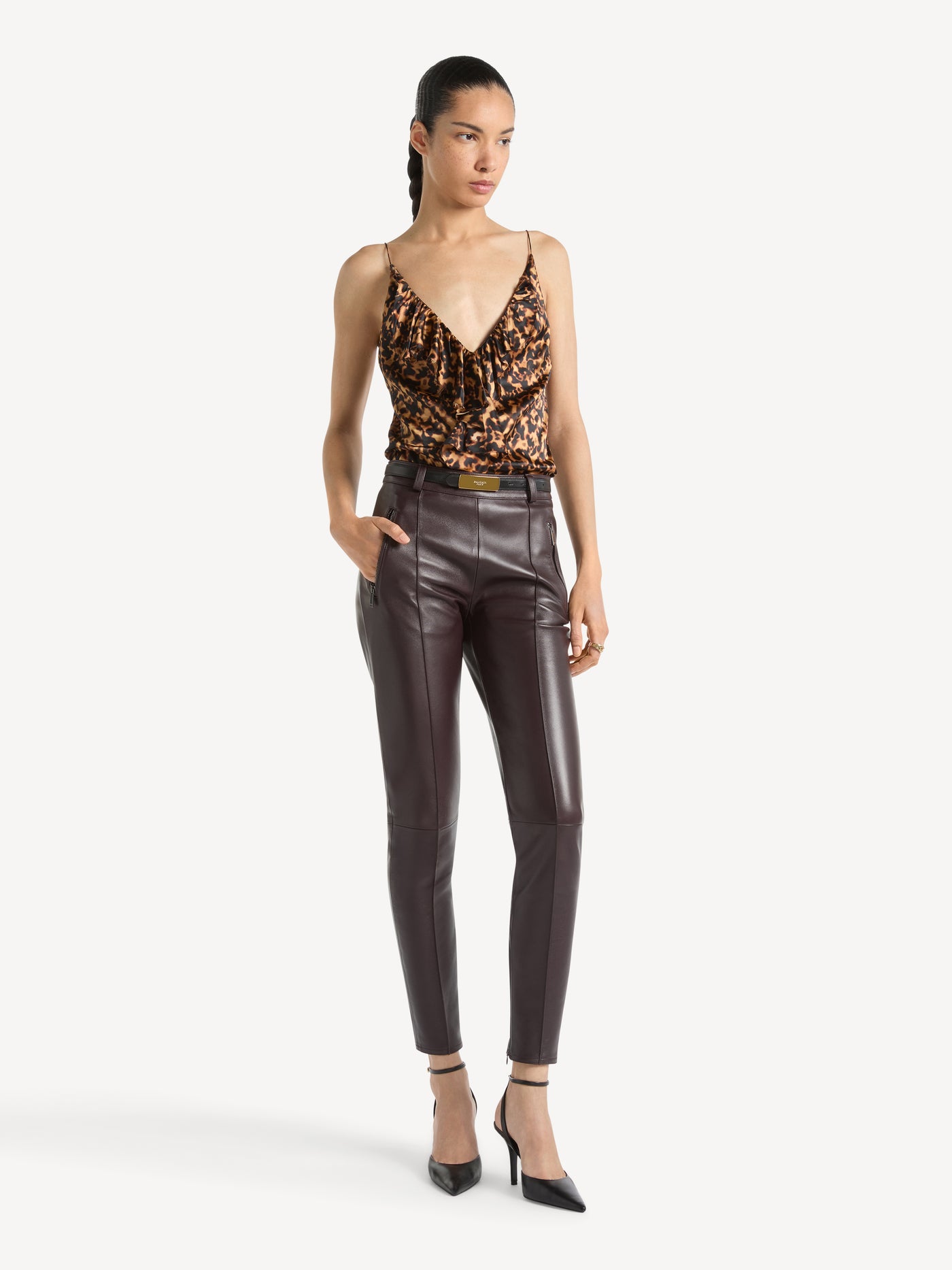 Ruffled vest top in printed silk satin