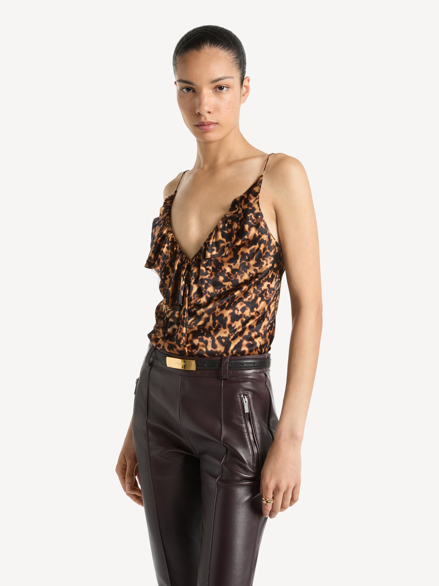 Ruffled vest top in printed silk satin