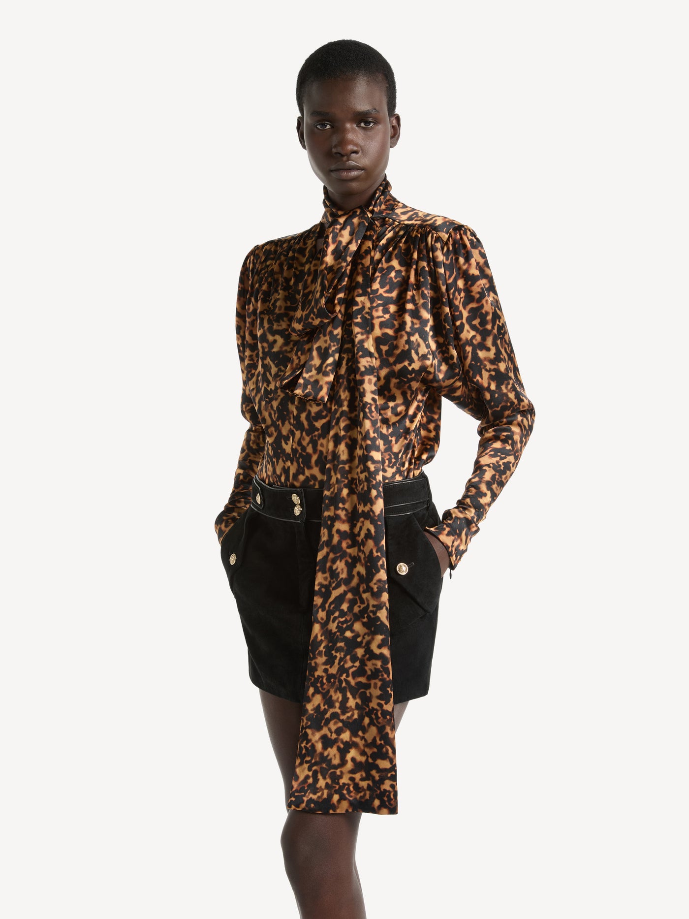 Printed satin blouse with tie detail